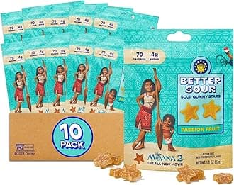 Disney’s Moana 2 Passion Fruit Gummy Stars Candy Naturally Flavored Plant-Based Low 4g/70 cal per 1.8oz Sugar Healthy Sour Gummy CandyBag Healthy Treats for Teens & Adults 10 Pouch Set