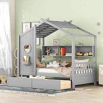 Linique Wooden Twin Size House Bed with 2 Drawers and Storage Shelf,Twin Platform Bed Frame with Pitched Roof,Gray