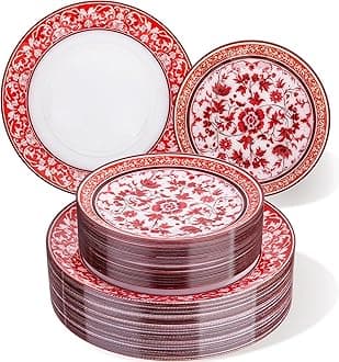 Hioasis 60pcs Red Plastic Plates Set - Floral Red & White Porcelain Design, 10.25" Dinner & 7.5" Dessert Plates Disposable for Christmas (Dishwasher Safe, Art Style)