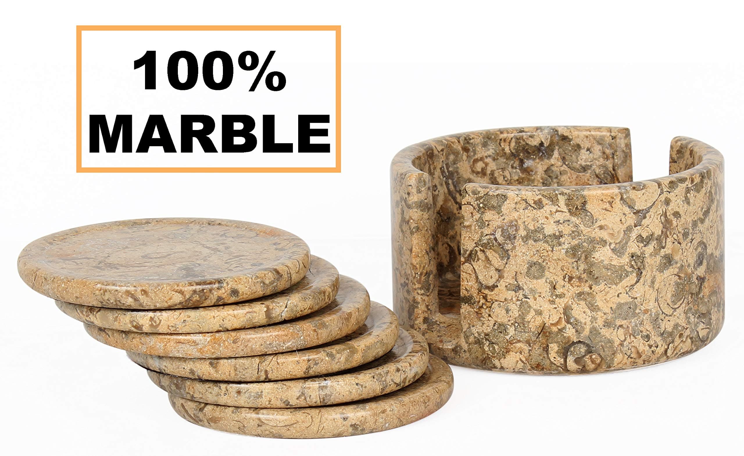 Coaster Set for Drink Cup Pad, Handmade Marble Mug Round Coasters Set – Warming Stone Women Spoon Rest, Extreme Caddy Absorbent with Holder (Brown Fossil Coral)