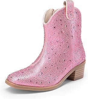 DREAM PAIRS Girls Cowgirl Cowboy Rhinestone Boots Ankle Low Heel Dress Booties