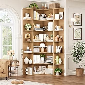 FOTOSOK 74” Tall Corner Bookshelf, 6-Tier Bookshelf and Bookcase with Open Storage, Tall Bookcases Wooden Storage Shelves for Home Office, Thickened Boards for Better Load Bearing, Natural