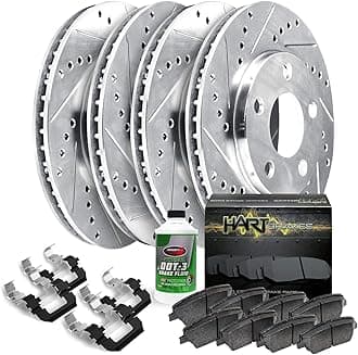 Hart Brakes Front and Rear Brake Rotors Silver Drilled Slotted Ceramic Brake Pads Compatible For 2010-2016 Hyundai Genesis Coupe