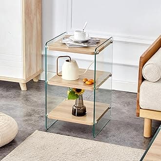 Coffee Table Small Side Table Modern 3-Tier Bedside Table with Wooden Shelves Tempered Glass Legs,Design is Simple Elegant with Powerful Storage Function.Storage Cabinet for Living Room Bedroom