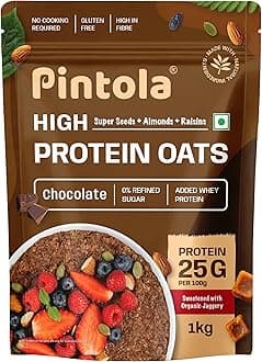 PINTOLA 25g High Protein Oats 1kg, Dark Chocolate,No Refined Sugar, with Almonds Raisin, Pumpkin and Chia Seeds, 8g Fibre, Rolled Oats for weight loss, Breakfast Cereals | Gluten Free