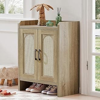 Mericonia Shoe Cabinet Storage for Entryway, Natural Rattan Shoe Storage Cabinet, Wooden Shoe Rack Cabinet, Farmhouse Boho Wood Shoe Organizer Cabinet for Hallway