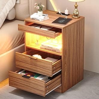 Yusong Night Stand, Bedside Table, LED Nightstand with Charging Station, Modern Night Stand, Wood Sofa Couch End Side Table with 2 Pull-Out Shelf, Brown