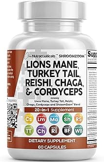 Lions Mane 3000mg 20in1 Mushroom Supplement with Turkey Tail 2000mg Reishi 1000mg Cordyceps Chaga 1000mg Maitake Meshima Poria Cocos Shiitake Oyster Porcini Enoki 60 Count