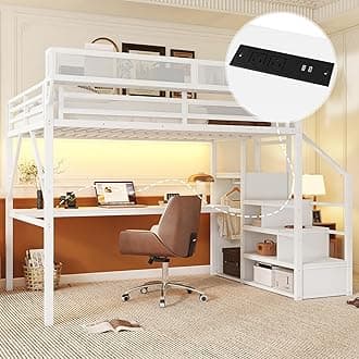 Queen Loft Bed with Desk and RGB Light, Metal Loft Bed Frame with Stairs and Bedside Shelf, Heavy-Duty Lofts Beds with Storage Shelves and Wardrobe for Kids Teens, White