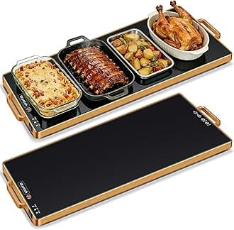 Electric Warming Tray (XXL 32”x18”)，Food Warmers for Parties Buffet with Thermostat & Full Surface Heating, Tempered Glass Warming Mat for Food, Temperature Adjustable Gold Handles Food Warming Mat