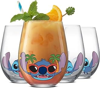 JoyJolt Disney Stitch Silly Sips Stemless Drinking Glasses, 19oz Teardrop Glass Cups, Glass Tumbler Cup Set of 4, Stitch Stuff, Lilo and Stitch Gifts, Disney Gifts for Adults