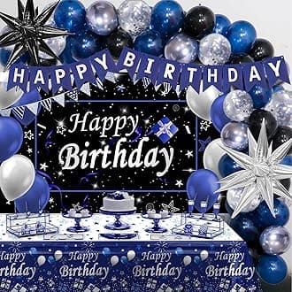 Black and Blue Birthday Decorations for Men Boys Women Girls, 75 PCS Blue and Silver Party Decorations Happy Birthday Backdrop Banner Blue Black Silver Confetti Star Balloons Arch Tablecloth