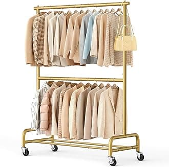 SLEEPING LAMB Double Rod Heavy Duty Clothes Racks for Hanging Clothes Rack, Metal Rolling Garment Rack With Wheels Clothes Hanger Rack Wardrobe Rack for Coats, Shirts (Gold)