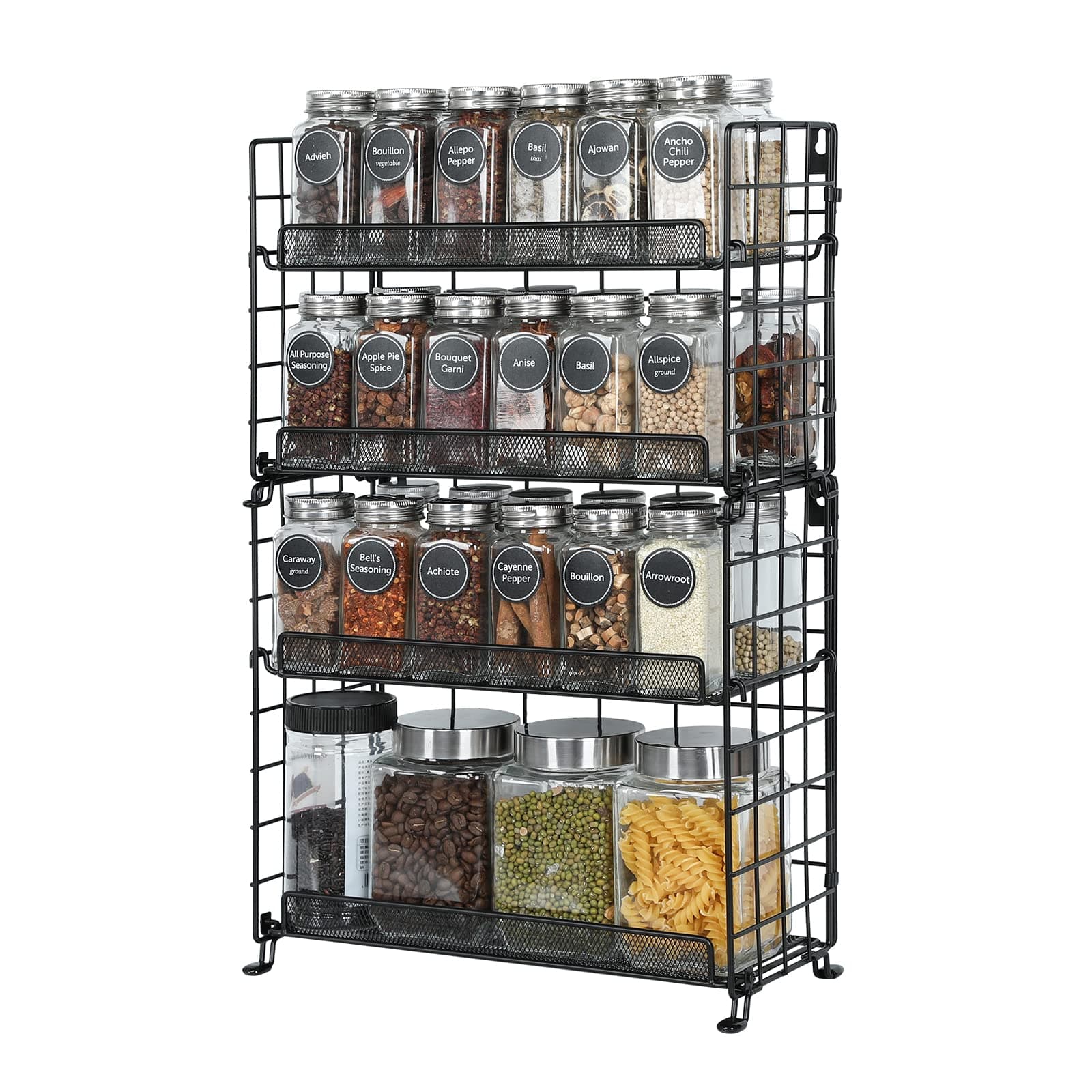 Stackable Wire Baskets for Pantry Storage, Countertop & Wall Mounted Spice Rack, 4-Tier Pantry Baskets Organization for Snack Spice Canned Food Packet