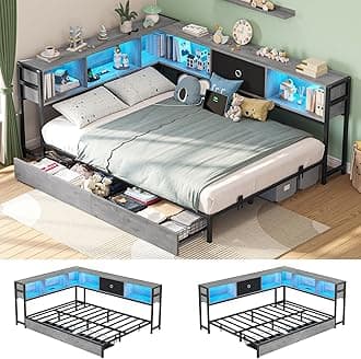 - Hasuit Full Corner Bed Frame with Storage Drawers and Bookcase Headboard, Full Size Metal Platform Corner Bed Frame with Charging Station and LED Lights, Full Daybed for Kids Teens Guests, Oak Gray