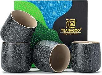 TEANAGOO Japanese Tea Cups Set of 4pcs, 6.9oz/205ml Elegant Ceramic Matcha Cups with Flat Base, Charcoal Black Handleless Coffee Mugs, Microwave & Dishwasher Safe, Beautiful Gift Box