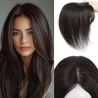 Hair Toppers for Women Real Human Hair, 360° 3D Cover Middle Bangs Hair Pieces for Women (Dark Brown, 2 Clips)