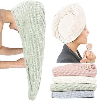 Extra Large 4 Pack Microfiber Hair Towel Wrap for Women Super Absorbent & Quick Dry Hair Drying Towels with Button, Hair Turbans for Curly & Straight Hair - Anti-Frizz