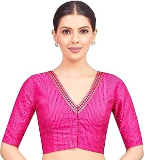 STUDIO ShringaarWomen's Readymade Polyester Elbow Length Sleeves Saree Blouse with Mirror Work