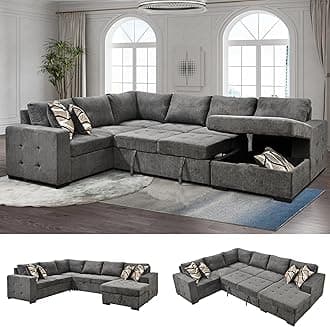 THSUPER 123'' Chenille Sectional Sleeper Sofa Couch with Pull Out Bed, 6 Seater U Shaped Oversized Sleeper Sectional Sofas Couches with Storage Chaise for Living Room, Dark Gray