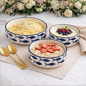 - Premium Ceramic Salad Bowl - Deep Ceramic Plates- Serving Snacks Plate/Platter - Set of 3- Different Sizes (5.5 inch, 6.5 inch, 7.5 inch), Blue Fish Pattern | Wedding Gift for friends