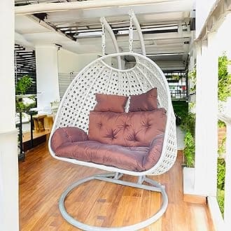 Iron Happy Star Outdoor Furniture Double Seater Swing With Stand, Beautiful White Swing With Brown Cushion, 132 x 122 x 7 Centimeters
