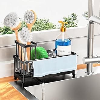 Cisily Sponge Holder for Kitchen Sink with Towel Rack, Sink Caddy with Kitchen High Brush Holder, Organzier Rustproof 304 Stainless Steel Dish Organizer Divider, Soap Dispenser Storage
