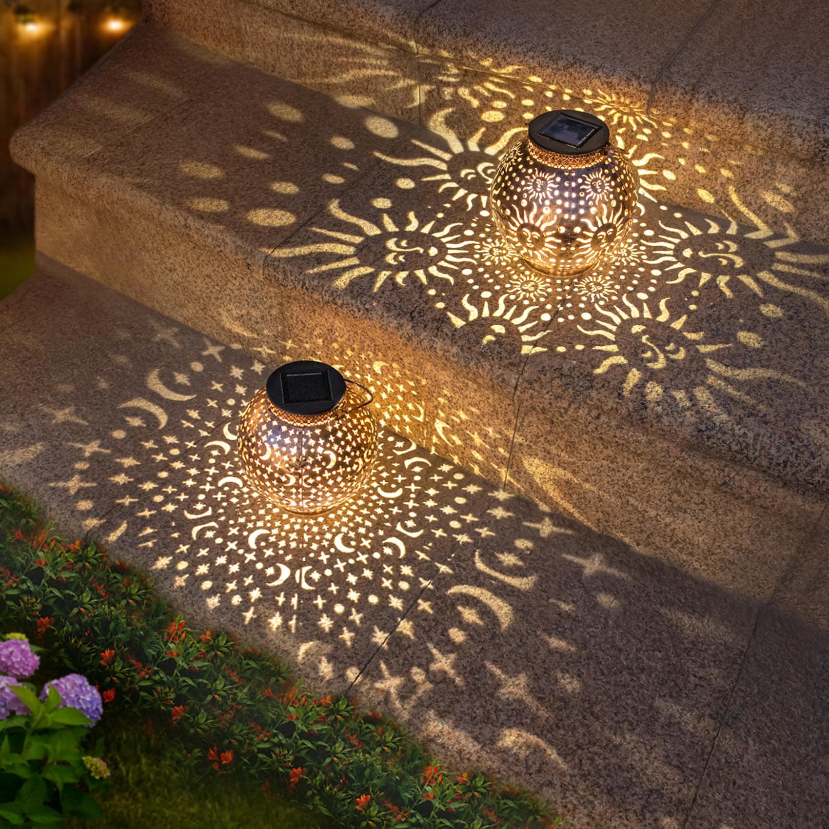Go2garden Gifts 2Pack Solar Lanterns Outdoor Waterproof Mothers Day Gifts for Mom Moon Star Sun Solar Lights for Balcony, Yard,Birthday Gifts for Women Grandma Wife (Bronze)