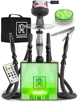 2 Hose Hookah Set with Travel Case - YADO Square Hookah To Go - Cube Acrylic Hookah with Big Silicone Bowl for Smoking Coal Tongs Amazing Led Light Remote for Better Shisha Narguile Smoking