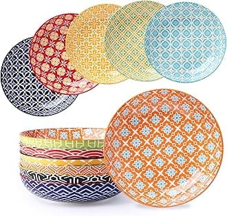 Pasta Bowls Set of 6, 8 Inch Ceramic Salad Bowls, 30 Oz Wide and Shallow Bowl for Kitchen, Serving Dish Plate for Pasta, Salad, Soup, Vibrant Color