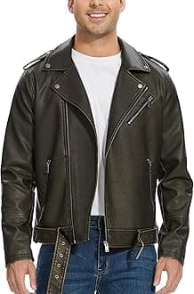 Leather Jackets for Men, Faux Bomber Jacket Mens Motorcycle Lapel Asymmetric Zip-Up Belt Slim Fit Biker Coat