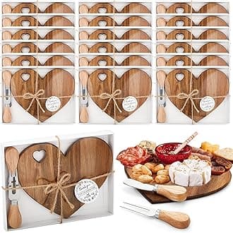 Patelai 18 Set Bridal Baby Shower Favor Heart Cheese Board with Knife, Wood Mini Charcuterie Board Thank You Gift Box for Guest Bridal Baby Shower Prize Wedding Valentines Birthday (Acacia Color)