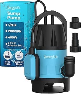 SereneLife Submersible Sump Pump for Pool Draining 400W 1/2HP 1981GPH Bonus 2 Fitting Attachments for USA Garden and Flat Hose, Clean Dirty Water, Auto Float Switch Garden, Yard, Swimming, Tub, Pond