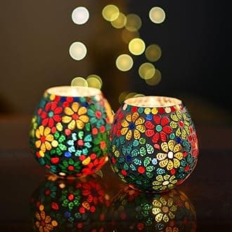 Homesake Tealight Candle Holders for Home Decor, Mosaic Glass, Flowers, Decorations for Home, Item for Diwali Festival Home Decor Item | Pack of 2