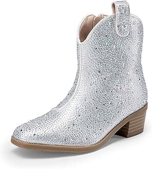 Girls Cowgirl Cowboy Rhinestone Boots Ankle Low Heel Dress Booties