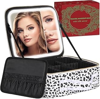 Makeup Bag with LED Lighted Mirror| Portable Makeup Organizer Train Case with 2X/3X Magnification & 3 Color Lights for Precision, Adjustable Brightness| Elegant Gift Packaging, Gift for Women, Leopard
