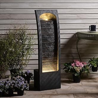 Indoor Water Fountain Curved Faux Slate Outdoor Waterfall Fountains Floor Standing Tiered Rock with LED Lights and Pump for Garden, Backyard, Deck, Patio, Porch and Home Art Decor