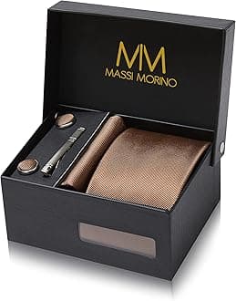 Massi Morino Tie and Pocket Square Set for Men incl. Cufflinks, Tie Clip and Gift Box | Men’s Tie Set for Weddings
