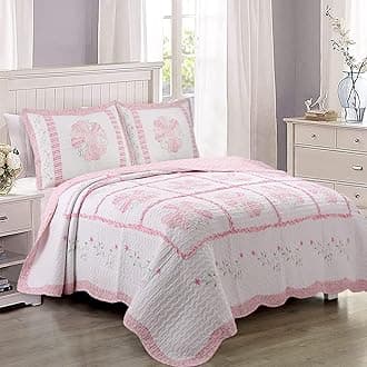 Cozy Line Home Fashions 100% Cotton Hand Piecing Real Patchwork Pink Flora Reversible Quilt Bedding Set, Coverlet, Bedspread for All Seasons (Daisy Field, Twin - 2 Piece)