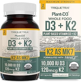 Organic Plant D3 + K2 | 10000 IU D3 + 120 mcg K2 as All-Trans MK7 from MenaQ7® - 100% Whole Food, Raw & Vegan | Enhanced Digestion with Prebiotic & Superfood Complex – D3 from Organic Algae (60 Count)