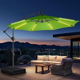 10ft Solar Lights Offset Cantilever Patio Umbrella - with Light and Base, LED Lighted Offset Hanging Patio Outdoor Market Umbrella UPF50+ UV Protection with Easy Tilt and Crank (Green)