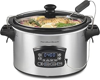 Portable 6 Quart Set & Forget Digital Programmable Slow Cooker with Lid Lock, Temperature Probe & Defrost Setting, Dishwasher Safe Crock & Lid, Silver (33869)