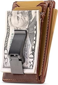 Flynn Hinged Money Clip Wallet for Men, Slim Front Pocket Card Holder, Full Grain Cowhide Leather Wallet, Brown