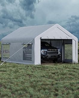 13x20 ft Carport with 8 Sandbags, Car Port with 220 g PE Tarp, 2 Roll-Up Doors, and 4 Windows, for Full-Size Pickups, Bass Boats, Tractors, and SUVs, White