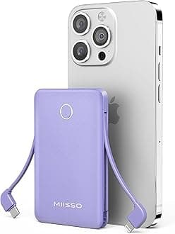 miisso 6000mah Ultra Slim Built in Cables Power Bank, Card Size Built in USB C Cords Battery Pack Portable Charger for Phones, 3 Output External Battery Pack Compatible with iPhone, Purple