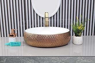 CLUSTER Designer Glossy Ceramic Table Top | Wash Basin For Bathroom And Livingroom And Resturant Decor, White And Rose Gold, Oval, 600x400x150mm