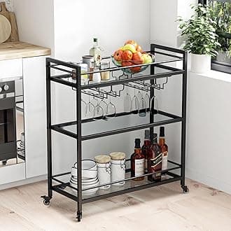 Glass Black Bar Carts for Home with Hanging Wine Rack - Home Bar Serving Cart with 3 Mirrored Shelves, Kitchen Bar Carts, Wine Cart for Entertaining, Club Party.
