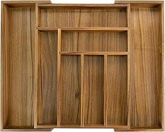 Luxury Acacia Kitchen Drawer Organizer - Silverware Organizer - Utensil Holder and Cutlery Tray with Grooved Drawer Dividers for Flatware and Kitchen Utensils (8 Slot)