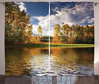 Ambesonne Rustic Curtains, Summer Forest Birchs and Calm Lake in Sunny Day Partly Clouds at Sky Image, Living Room Bedroom Window Drapes 2 Panel Set, 108" X 84", Green Blue