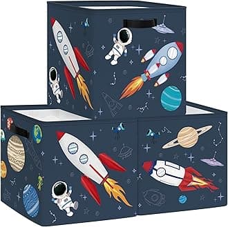 Clastyle 3 pcs Cosmic Space Cube Storage Unit Boxes Stars Kallax Box for Shelves Parents Storage Baskets for Book Clothes Toy Organizer, Rocket, 11.8x11.8x11.8 in